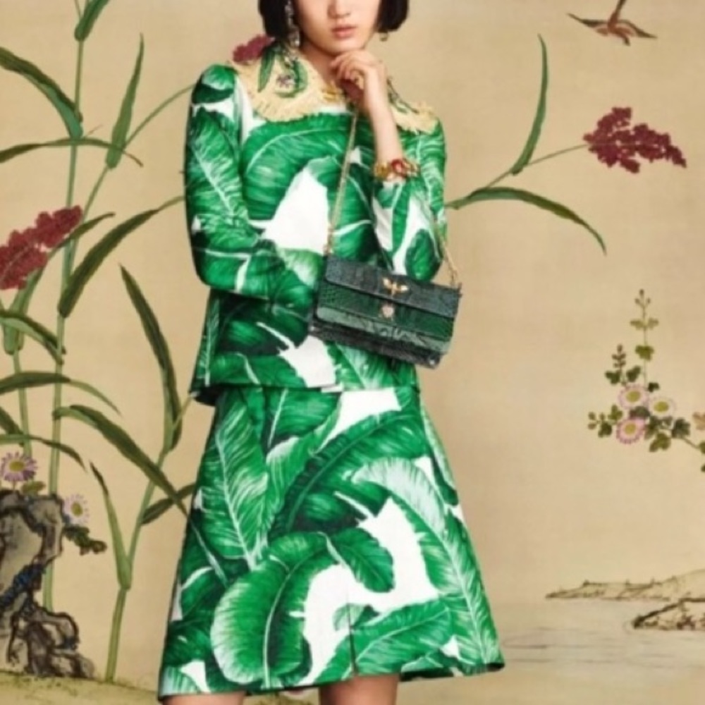 DOLCE AND GABBANA Green White Banana Leaf Tropical Print Straw Collar Jacket